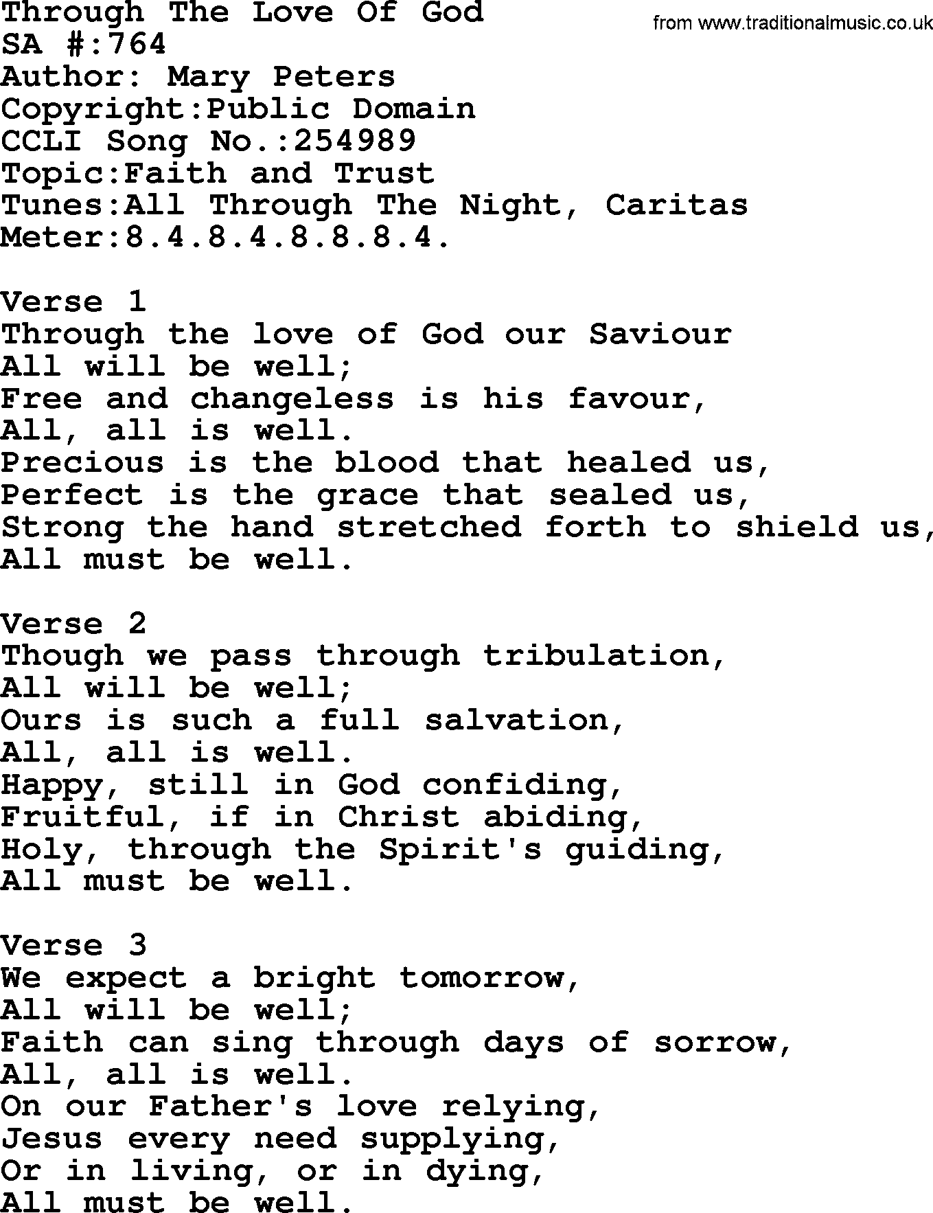 Salvation Army Hymnal, title: Through The Love Of God, with lyrics and PDF,