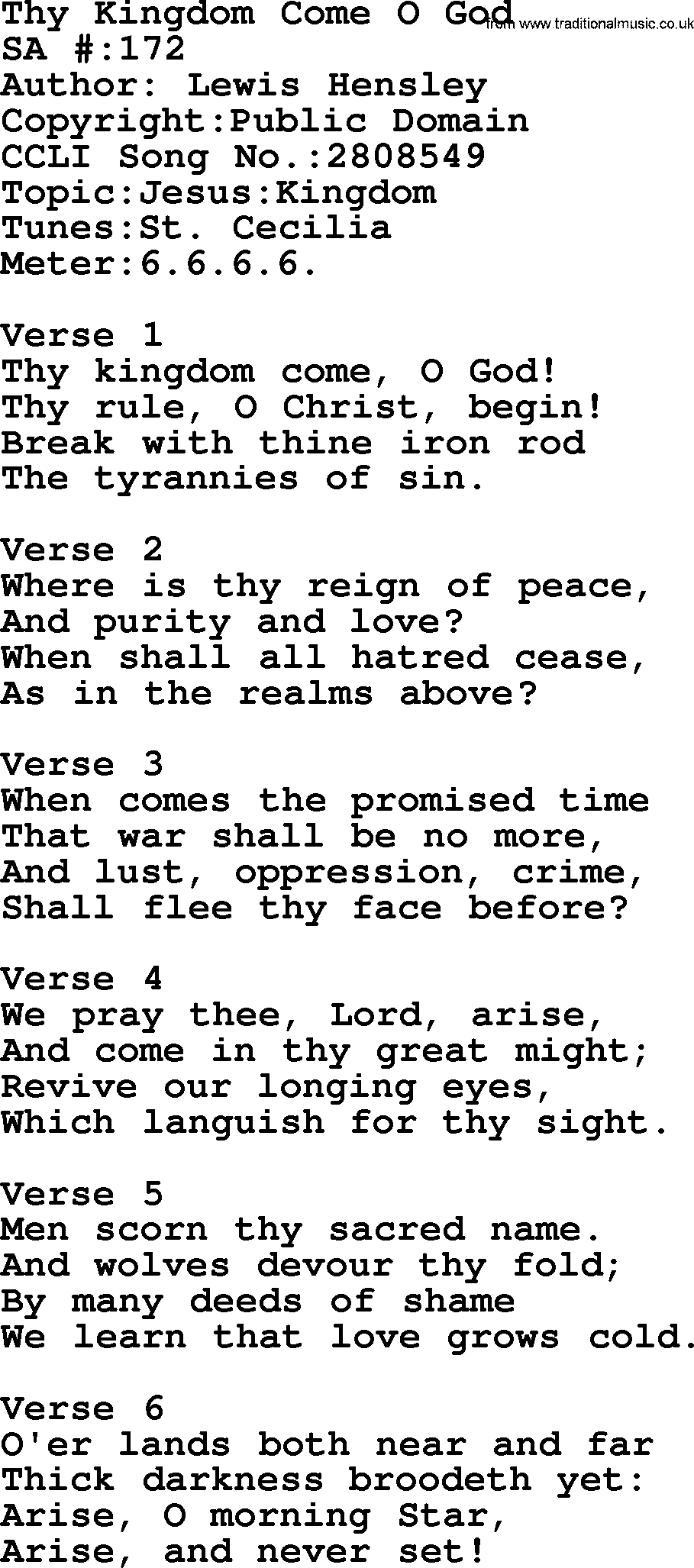 Salvation Army Hymnal, title: Thy Kingdom Come O God, with lyrics and PDF,