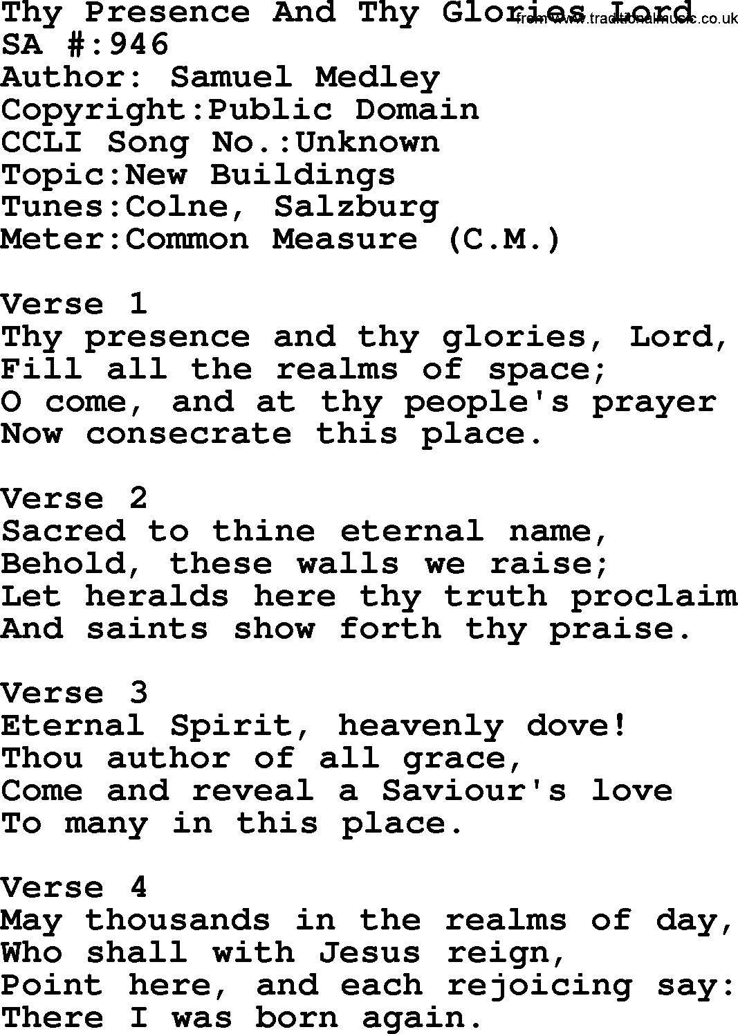 Salvation Army Hymnal, title: Thy Presence And Thy Glories Lord, with lyrics and PDF,