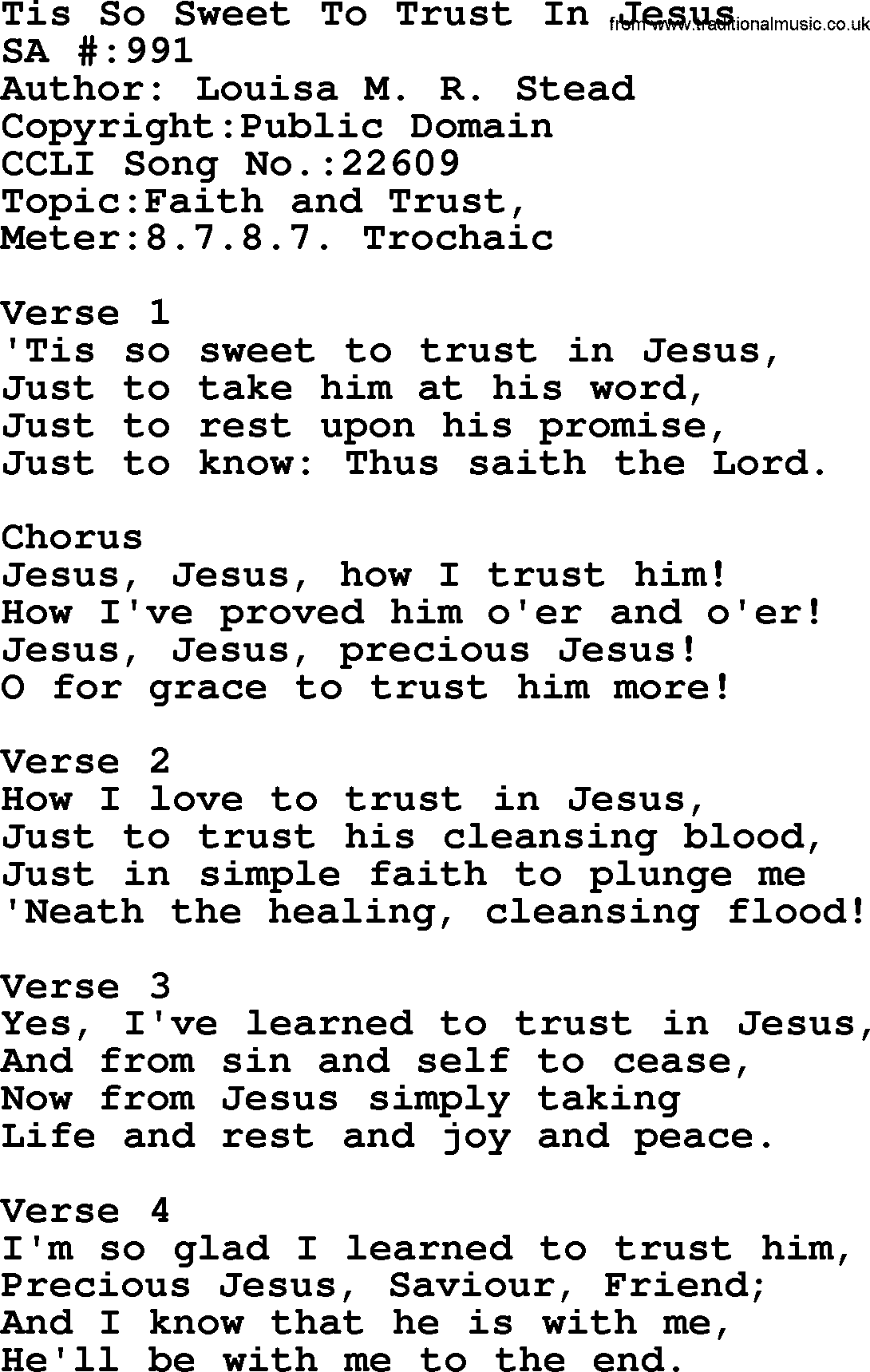 Salvation Army Hymnal, title: Tis So Sweet To Trust In Jesus, with lyrics and PDF,