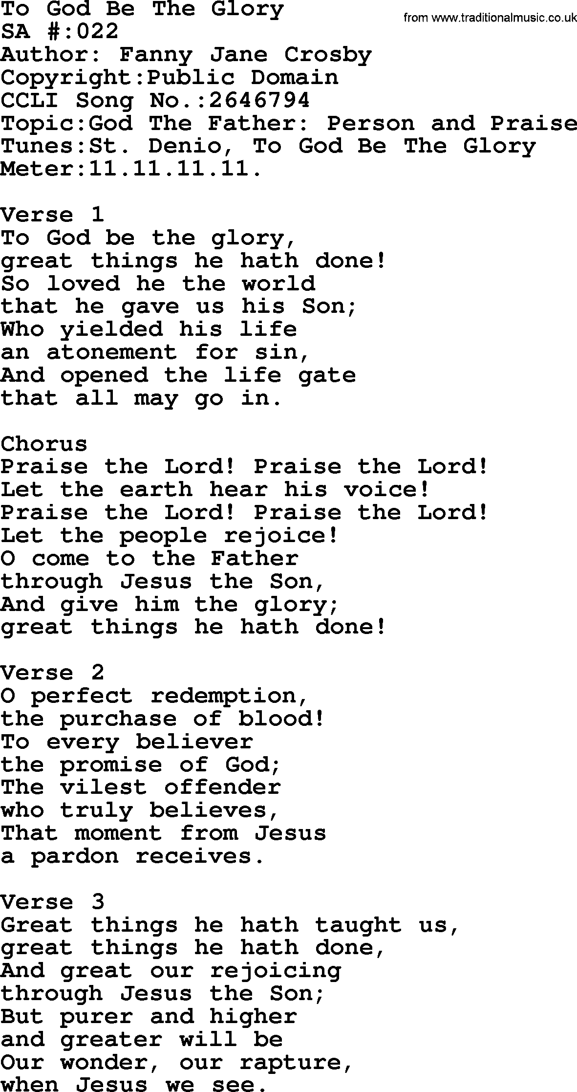 Salvation Army Hymnal, title: To God Be The Glory, with lyrics and PDF,