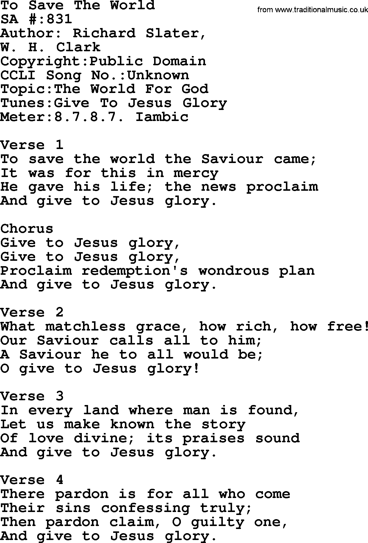 Salvation Army Hymnal, title: To Save The World, with lyrics and PDF,