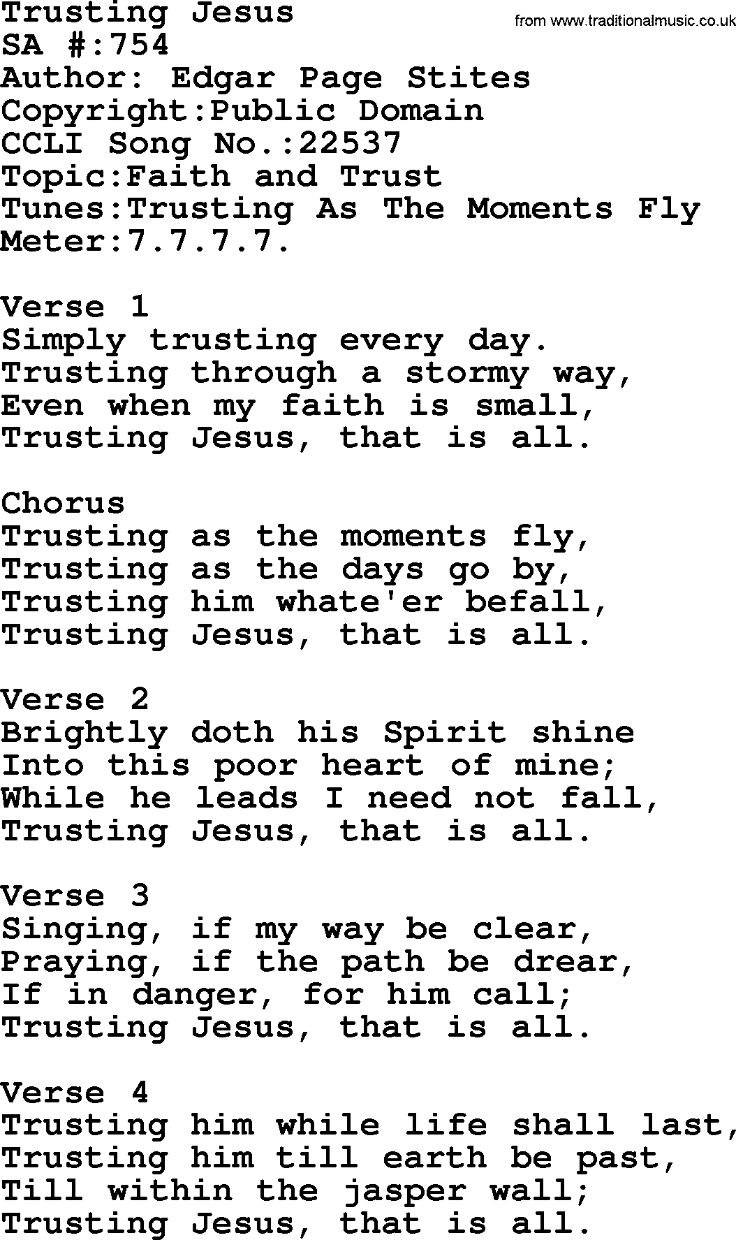 Salvation Army Hymnal, title: Trusting Jesus, with lyrics and PDF,