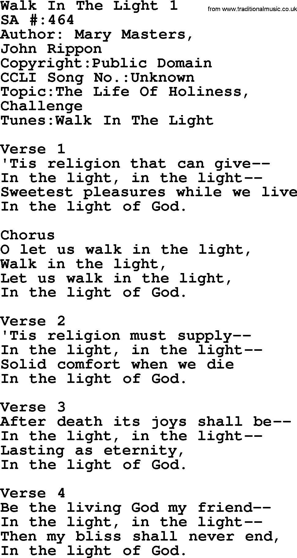 Salvation Army Hymnal, title: Walk In The Light 1, with lyrics and PDF,