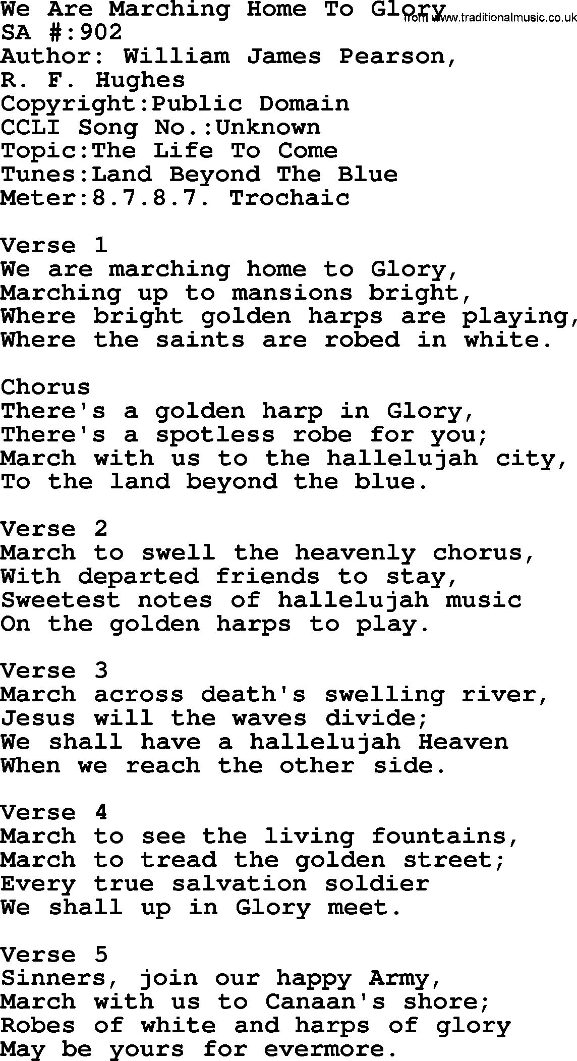 Salvation Army Hymnal, title: We Are Marching Home To Glory, with lyrics and PDF,