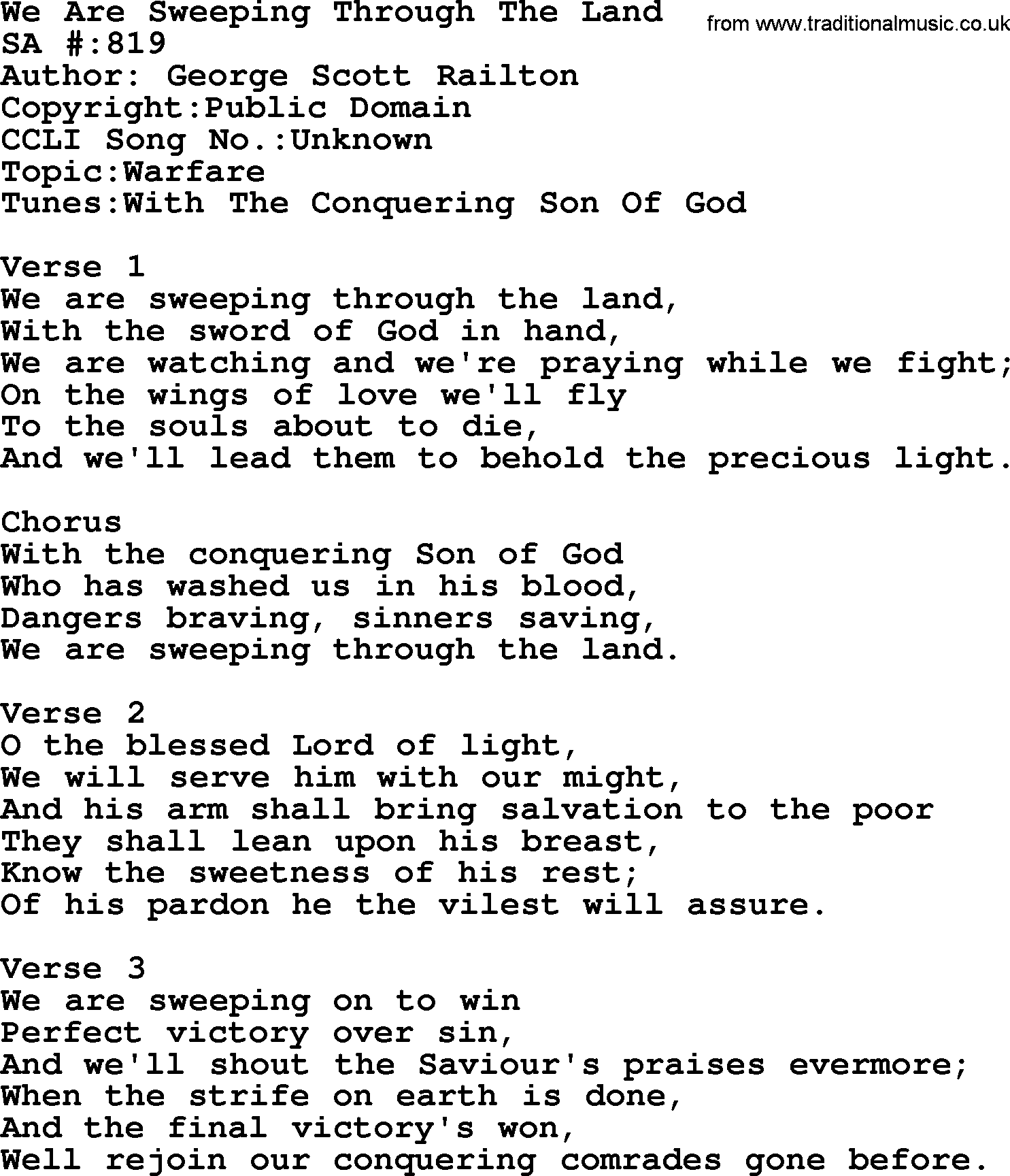 Salvation Army Hymnal, title: We Are Sweeping Through The Land, with lyrics and PDF,