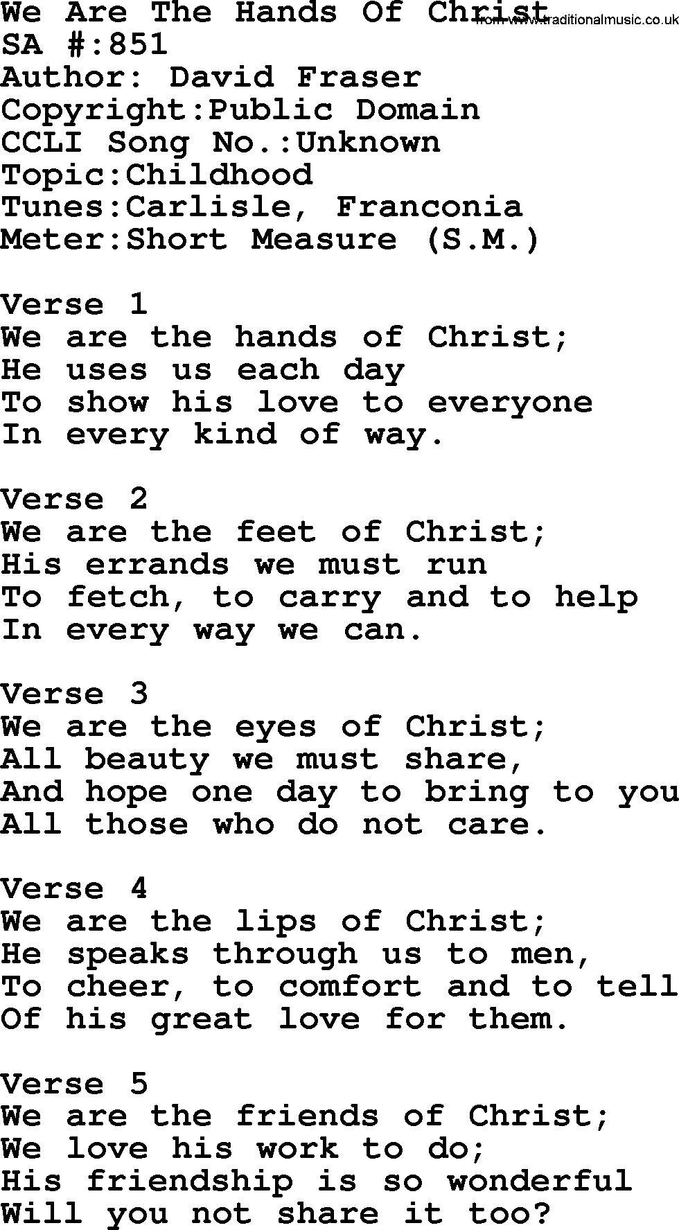 Salvation Army Hymnal, title: We Are The Hands Of Christ, with lyrics and PDF,