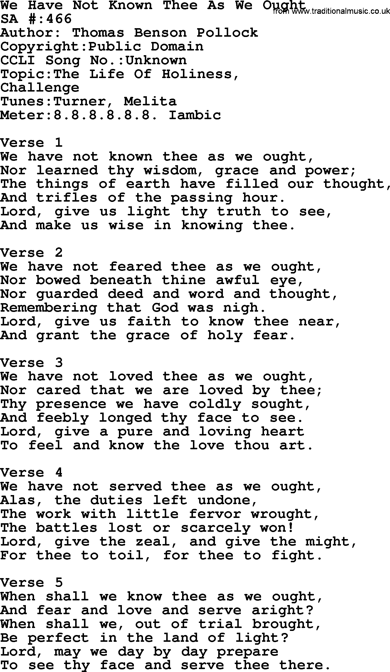 Salvation Army Hymnal, title: We Have Not Known Thee As We Ought, with lyrics and PDF,