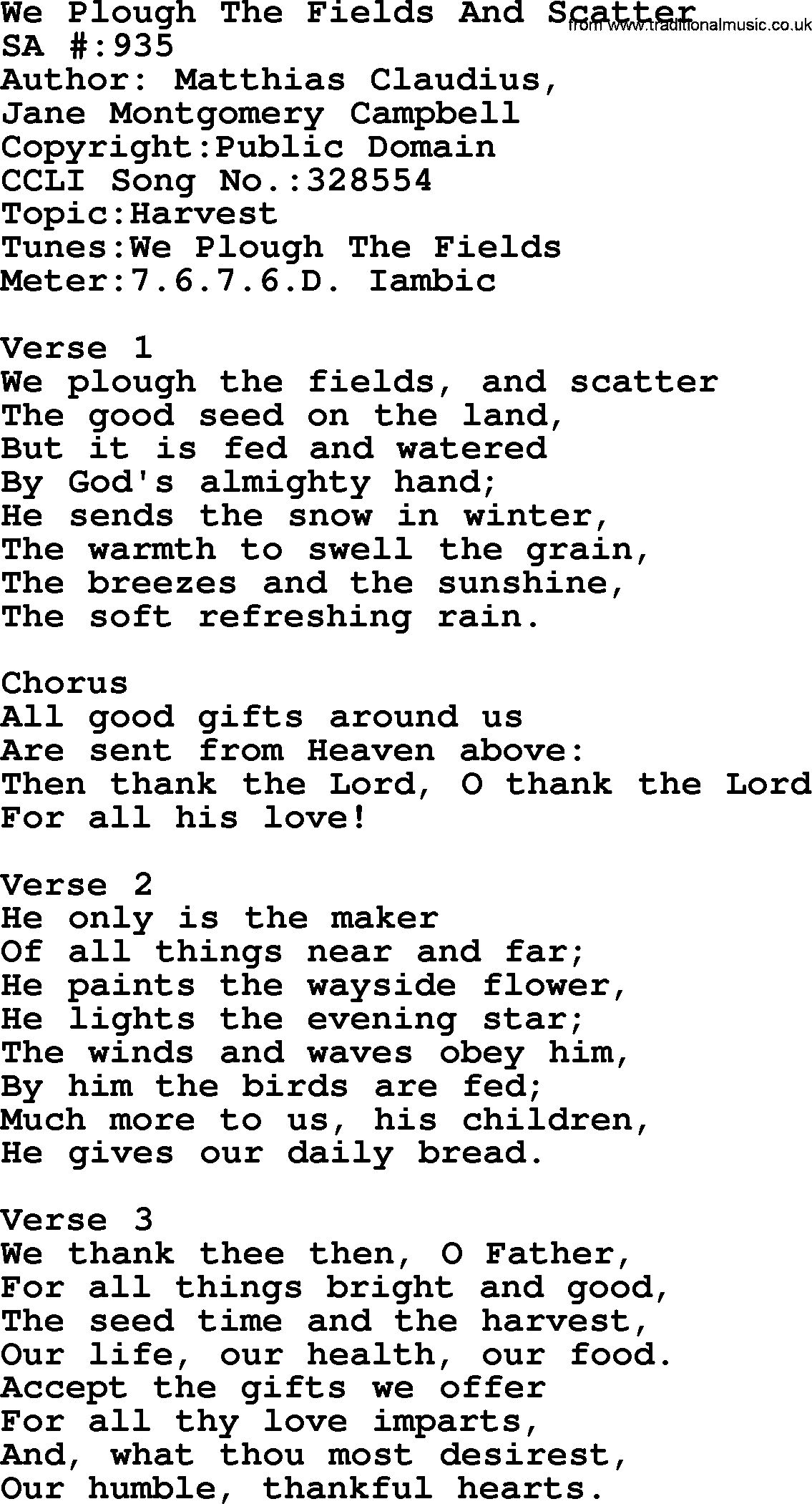 Salvation Army Hymnal, title: We Plough The Fields And Scatter, with lyrics and PDF,