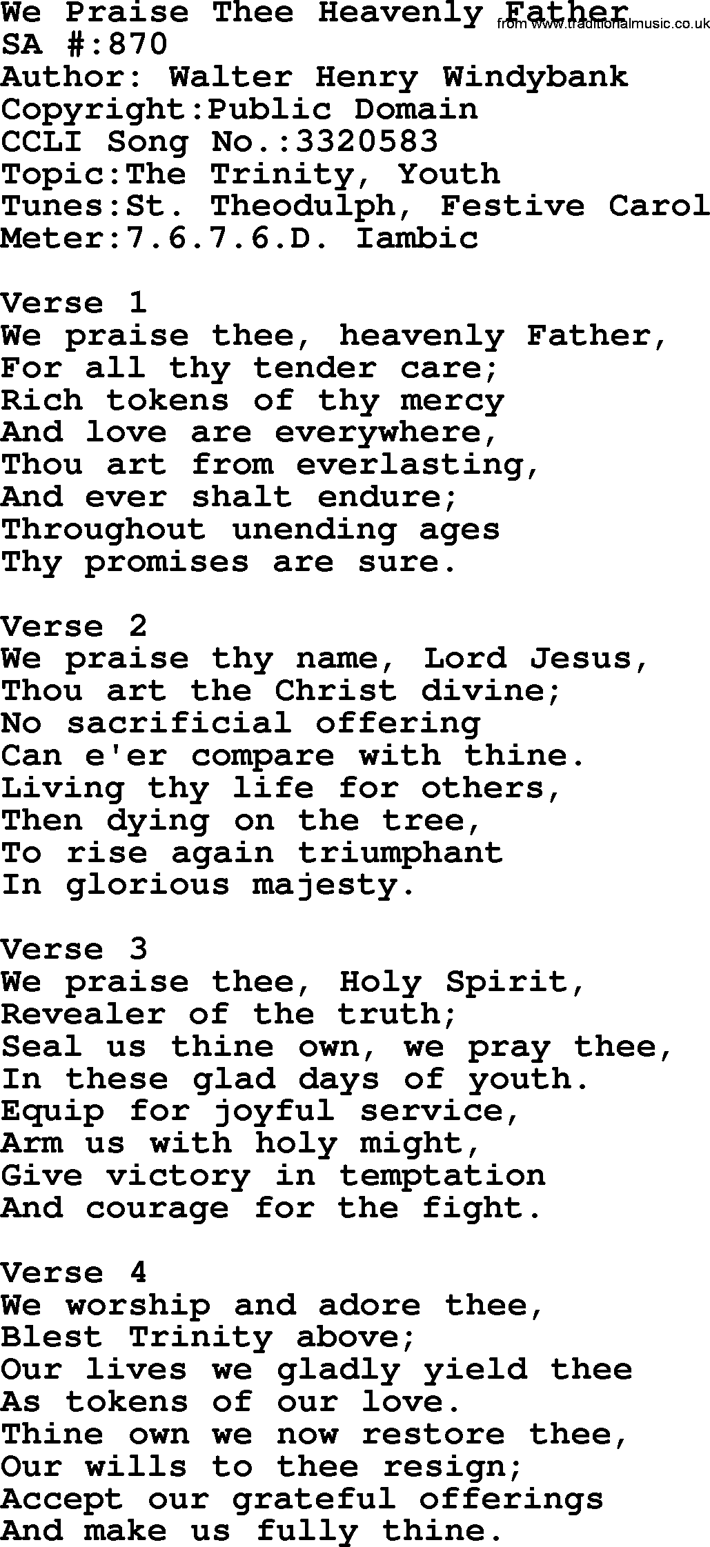 Salvation Army Hymnal, title: We Praise Thee Heavenly Father, with lyrics and PDF,