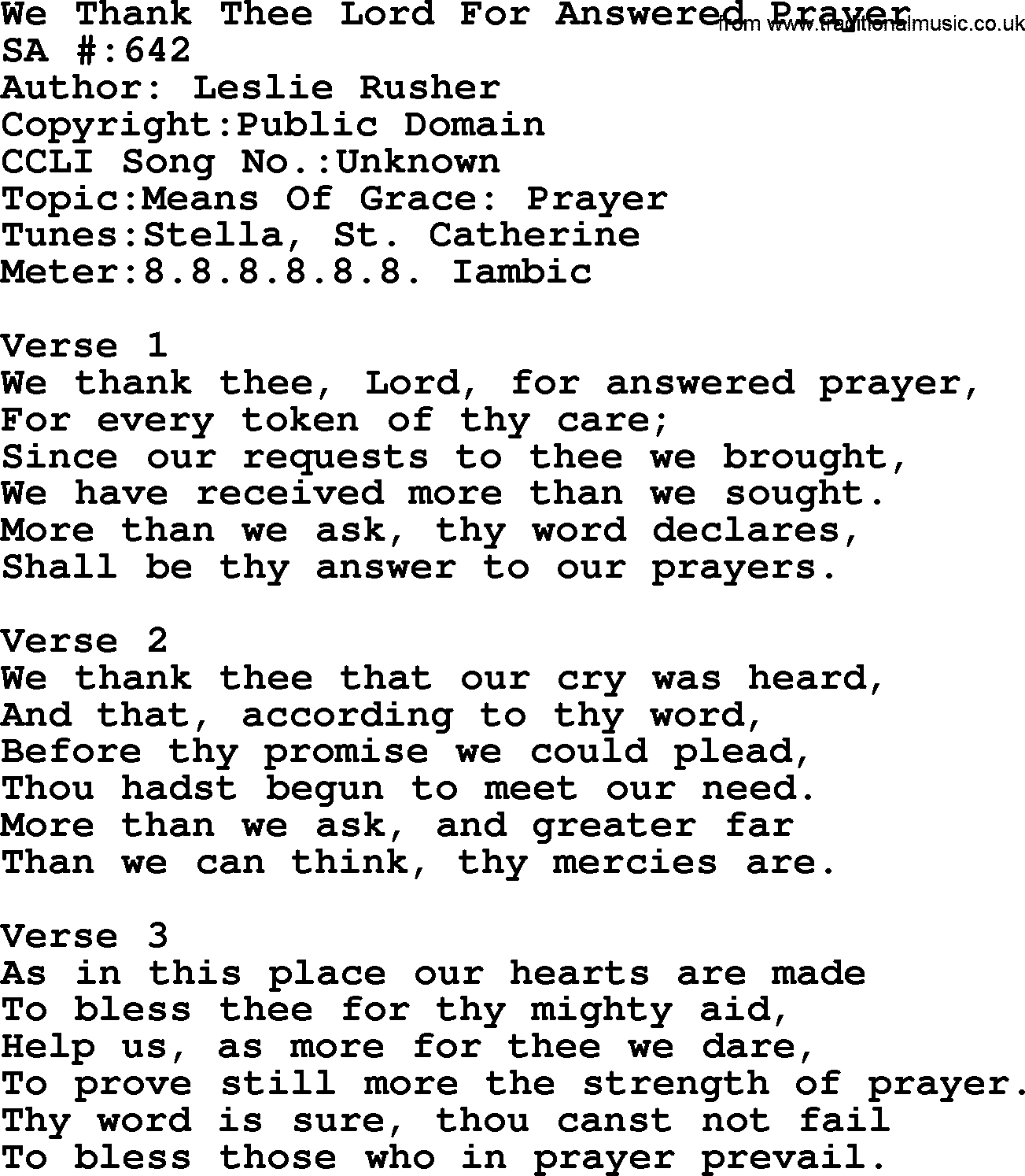 Salvation Army Hymnal, title: We Thank Thee Lord For Answered Prayer, with lyrics and PDF,