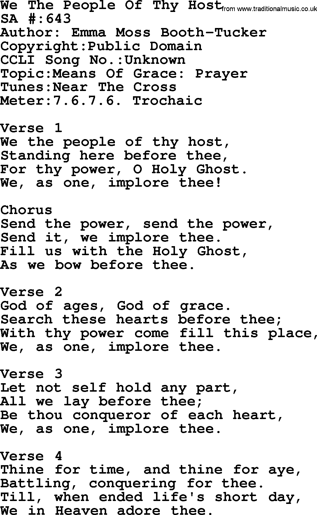 Salvation Army Hymnal, title: We The People Of Thy Host, with lyrics and PDF,