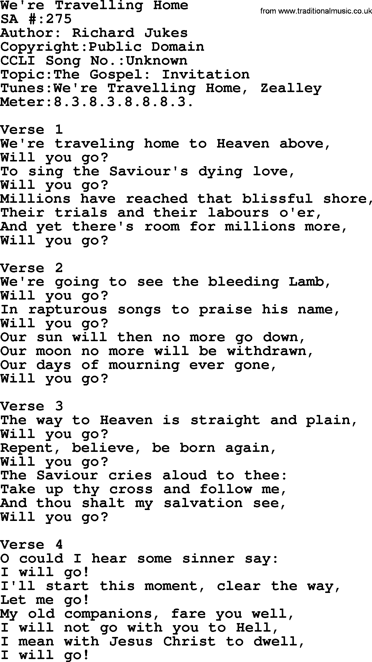 Salvation Army Hymnal, title: We're Travelling Home, with lyrics and PDF,