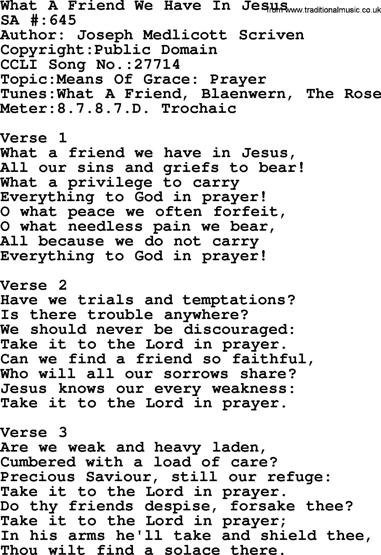 Salvation Army Hymnal, title: What A Friend We Have In Jesus, with lyrics and PDF,