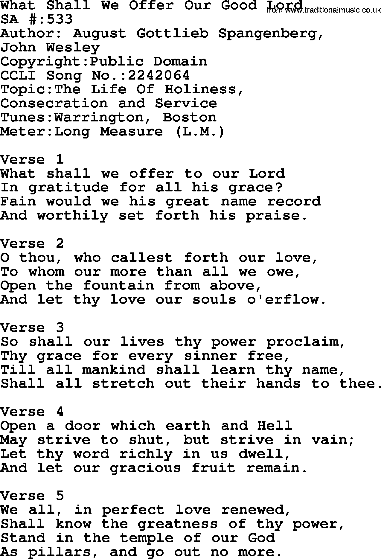 Salvation Army Hymnal, title: What Shall We Offer Our Good Lord, with lyrics and PDF,