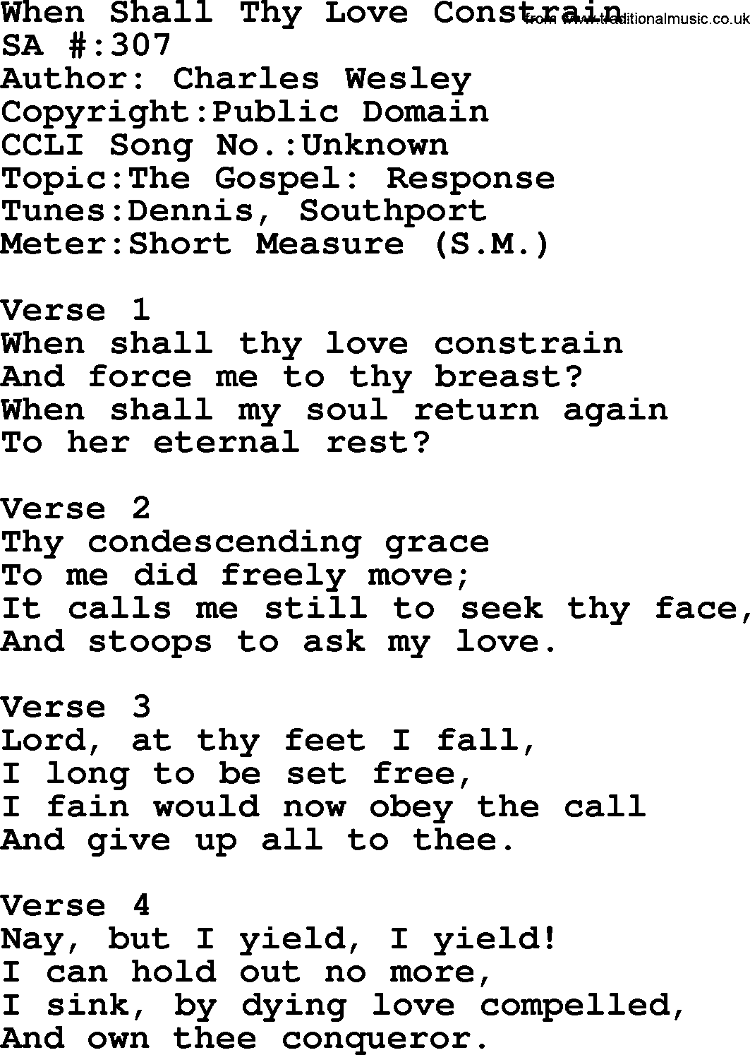 Salvation Army Hymnal, title: When Shall Thy Love Constrain, with lyrics and PDF,