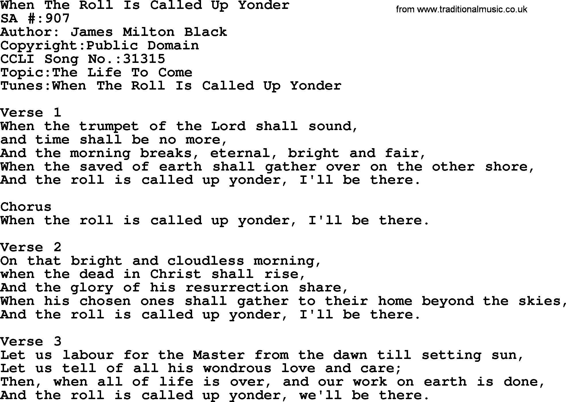 Salvation Army Hymnal, title: When The Roll Is Called Up Yonder, with lyrics and PDF,