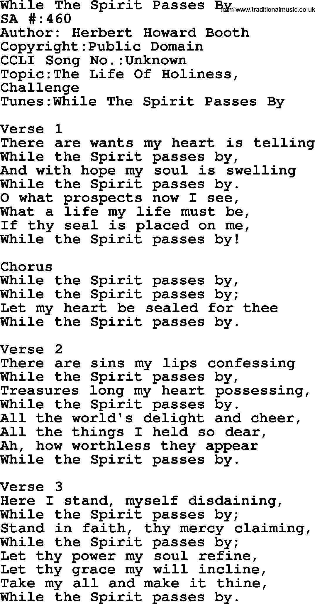 Salvation Army Hymnal, title: While The Spirit Passes By, with lyrics and PDF,