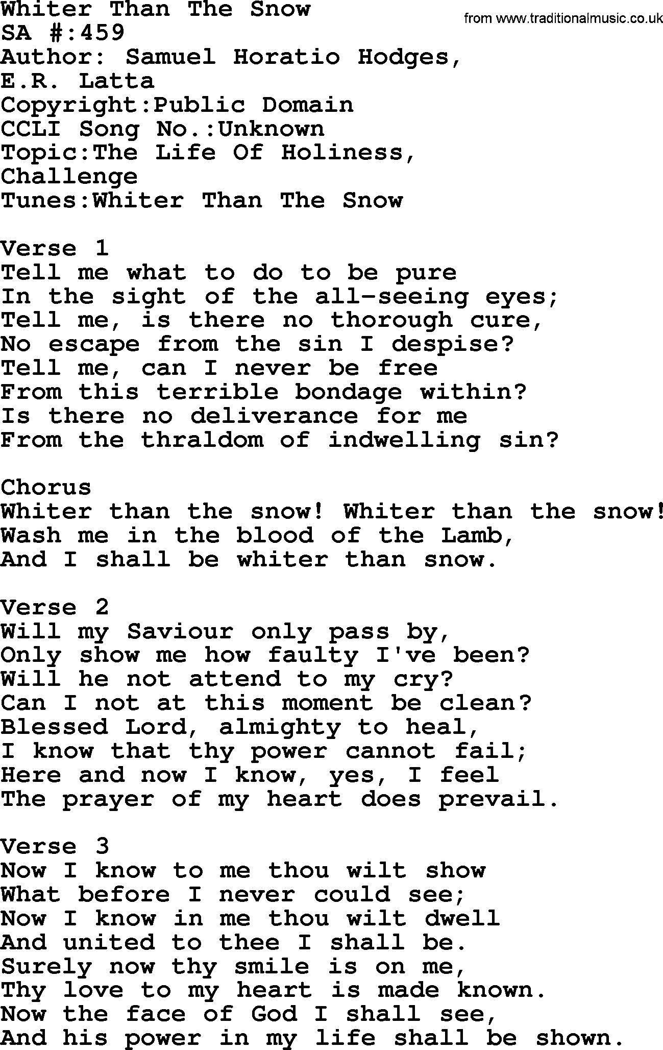 Salvation Army Hymnal, title: Whiter Than The Snow, with lyrics and PDF,