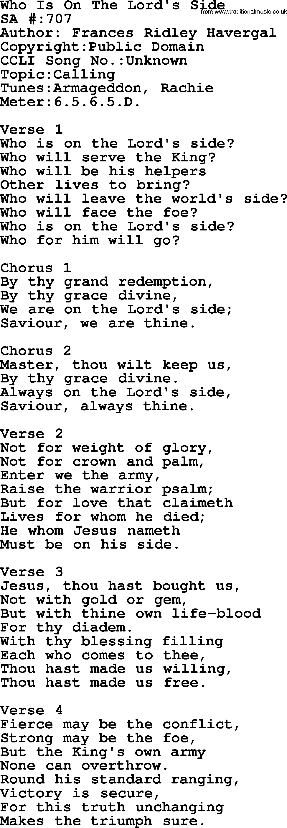 Salvation Army Hymnal, title: Who Is On The Lord's Side, with lyrics and PDF,