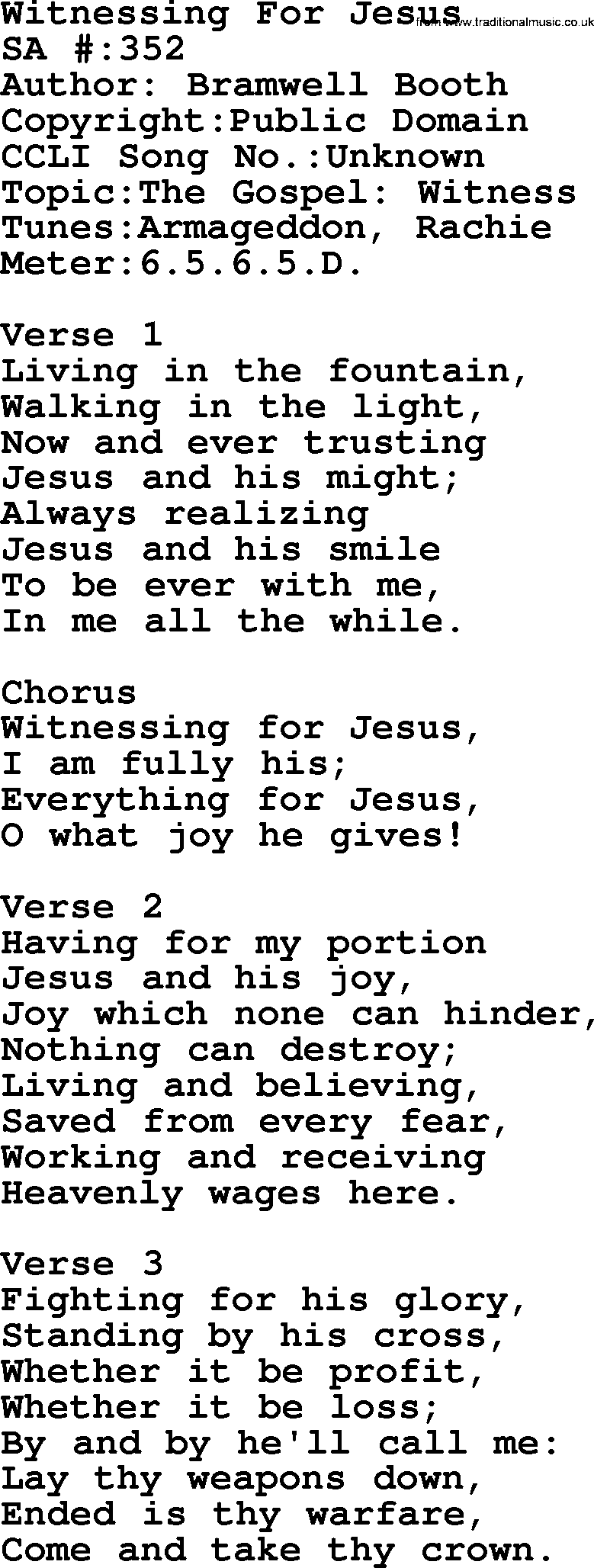 Salvation Army Hymnal, title: Witnessing For Jesus, with lyrics and PDF,