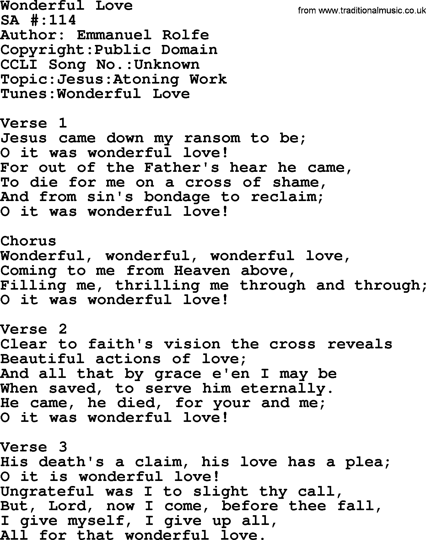 Salvation Army Hymnal, title: Wonderful Love, with lyrics and PDF,