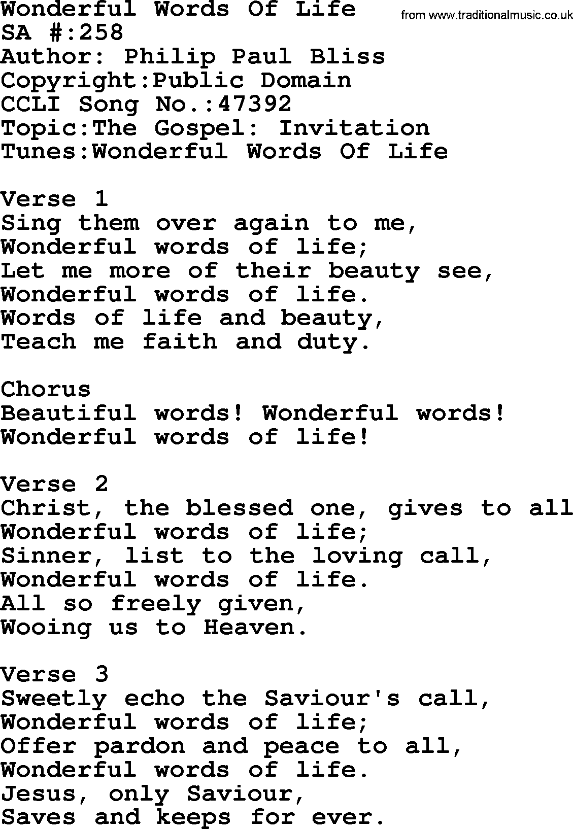 Salvation Army Hymnal, title: Wonderful Words Of Life, with lyrics and PDF,