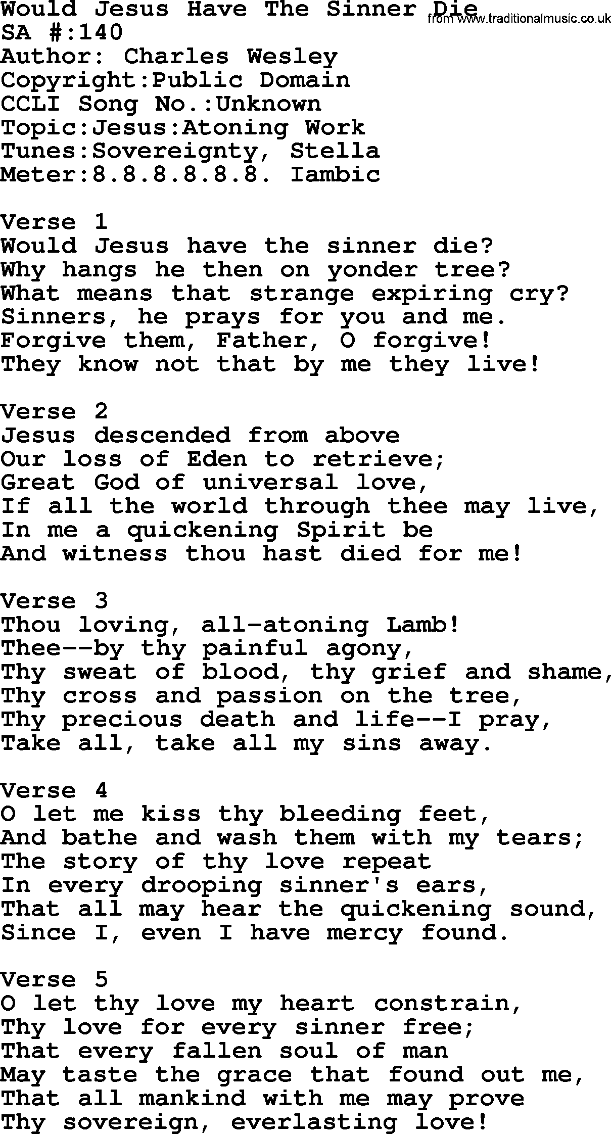 Salvation Army Hymnal, title: Would Jesus Have The Sinner Die, with lyrics and PDF,