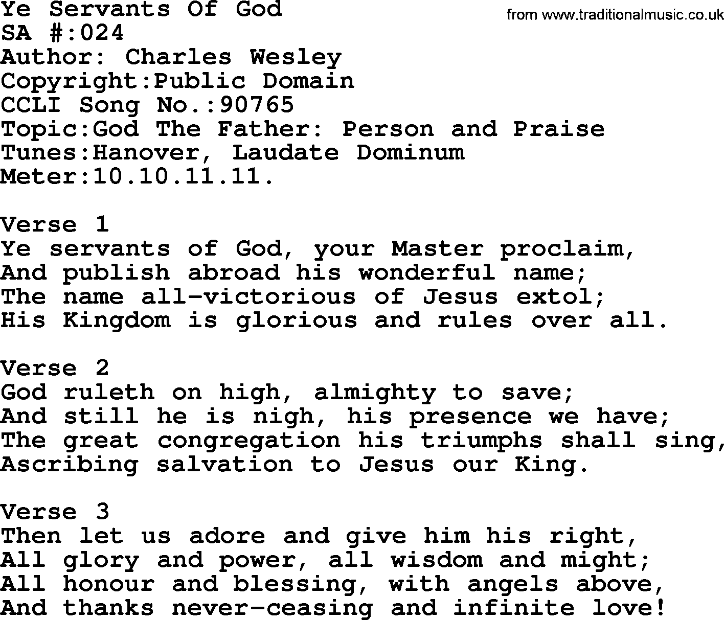 Salvation Army Hymnal, title: Ye Servants Of God, with lyrics and PDF,