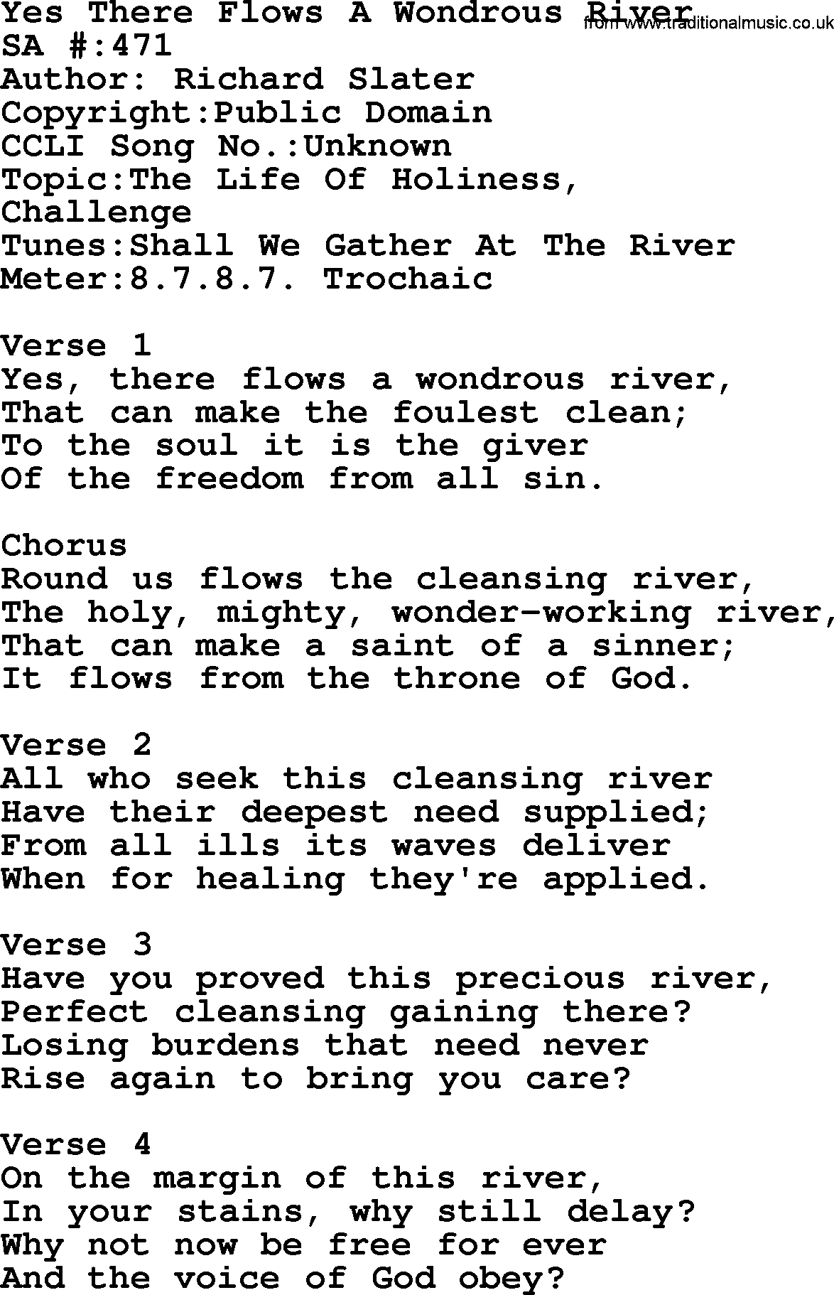 Salvation Army Hymnal, title: Yes There Flows A Wondrous River, with lyrics and PDF,