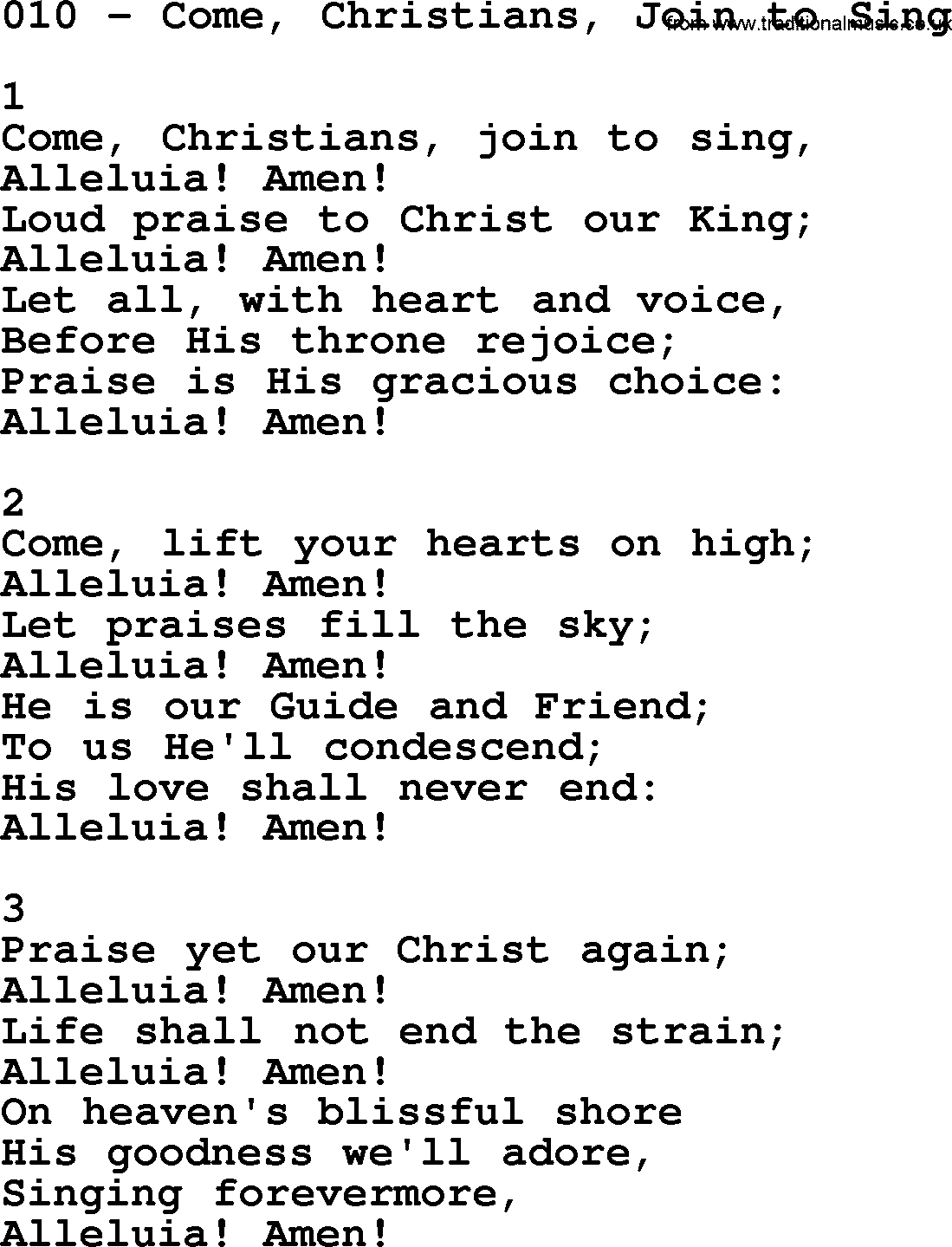 Complete Adventis Hymnal, title: 010-Come, Christians, Join To Sing, with lyrics, midi, mp3, powerpoints(PPT) and PDF,