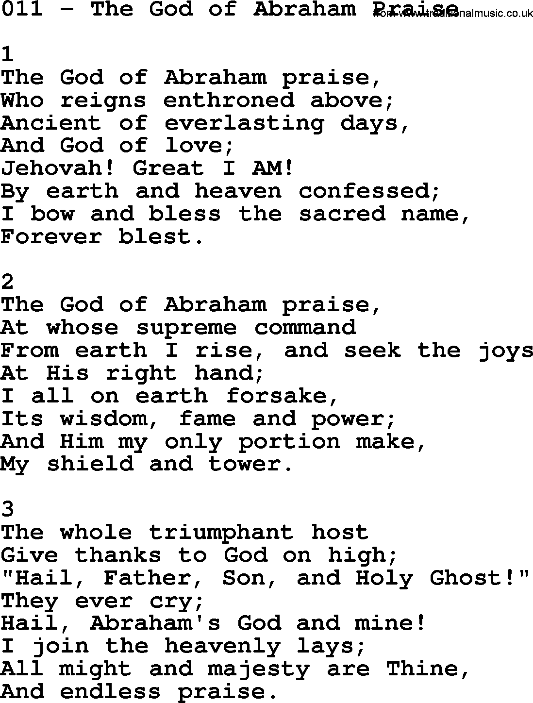 Complete Adventis Hymnal, title: 011-The God Of Abraham Praise, with lyrics, midi, mp3, powerpoints(PPT) and PDF,