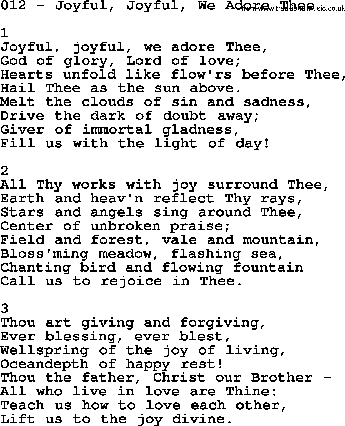 Complete Adventis Hymnal, title: 012-Joyful, Joyful, We Adore Thee, with lyrics, midi, mp3, powerpoints(PPT) and PDF,