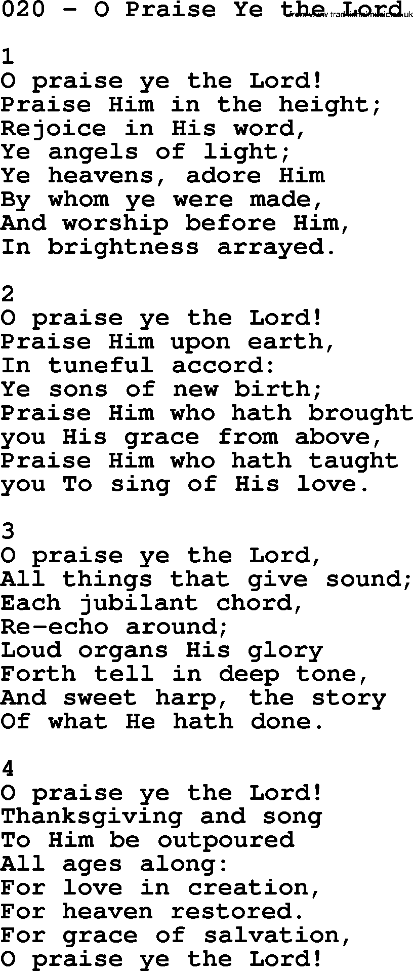 Complete Adventis Hymnal, title: 020-O Praise Ye The Lord, with lyrics, midi, mp3, powerpoints(PPT) and PDF,