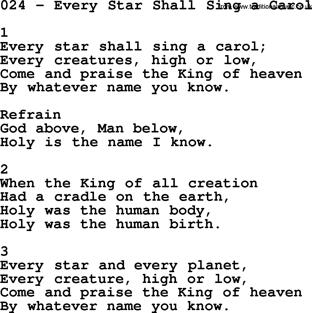 Complete Adventis Hymnal, title: 024-Every Star Shall Sing A Carol, with lyrics, midi, mp3, powerpoints(PPT) and PDF,