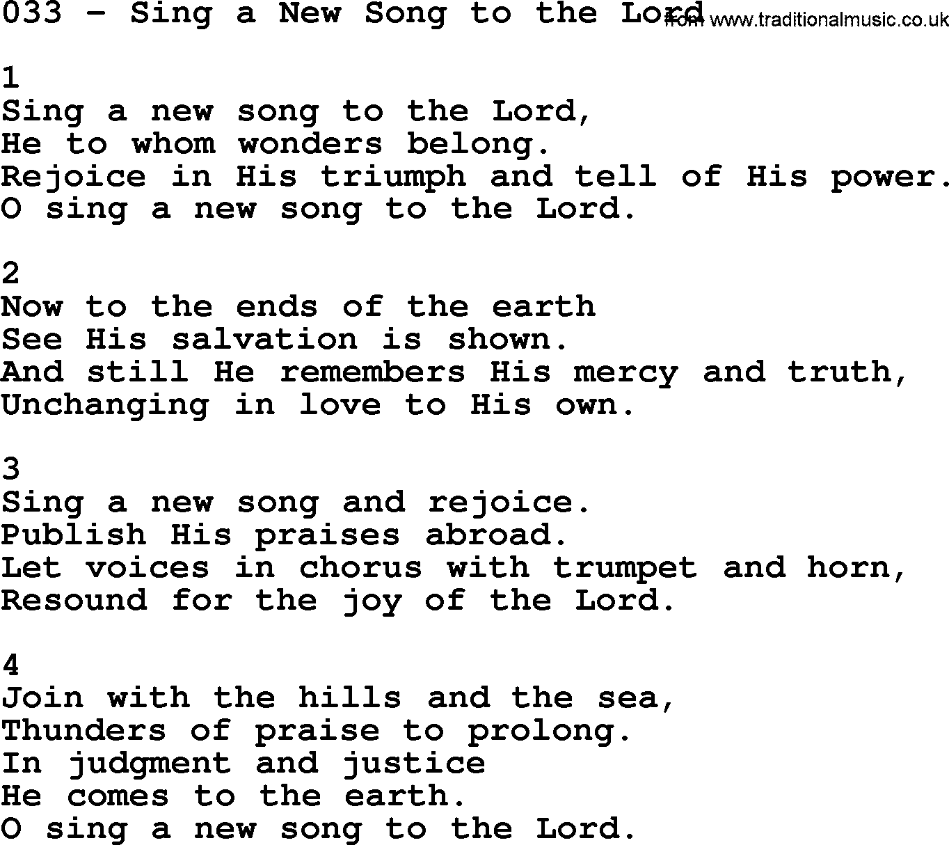 Complete Adventis Hymnal, title: 033-Sing A New Song To The Lord, with lyrics, midi, mp3, powerpoints(PPT) and PDF,