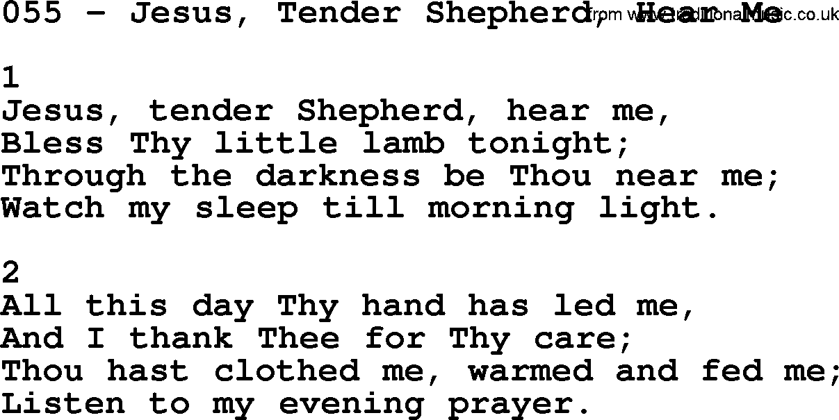 Complete Adventis Hymnal, title: 055-Jesus, Tender Shepherd, Hear Me, with lyrics, midi, mp3, powerpoints(PPT) and PDF,