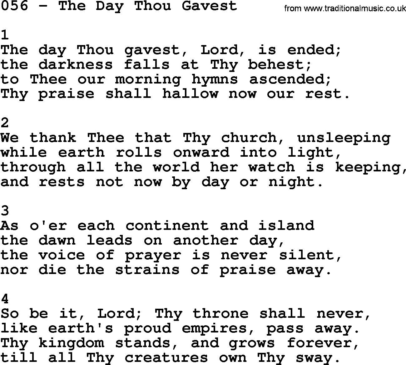 Complete Adventis Hymnal, title: 056-The Day Thou Gavest, with lyrics, midi, mp3, powerpoints(PPT) and PDF,