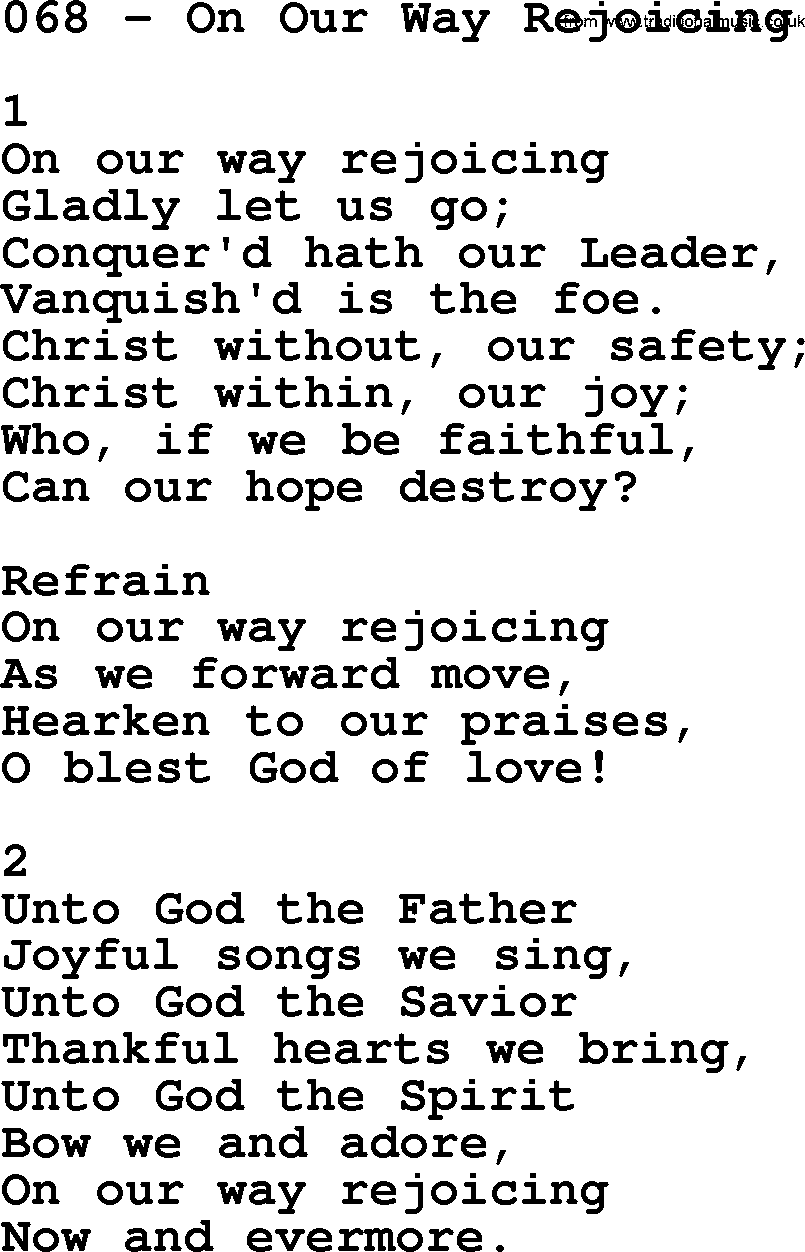 Complete Adventis Hymnal, title: 068-On Our Way Rejoicing, with lyrics, midi, mp3, powerpoints(PPT) and PDF,