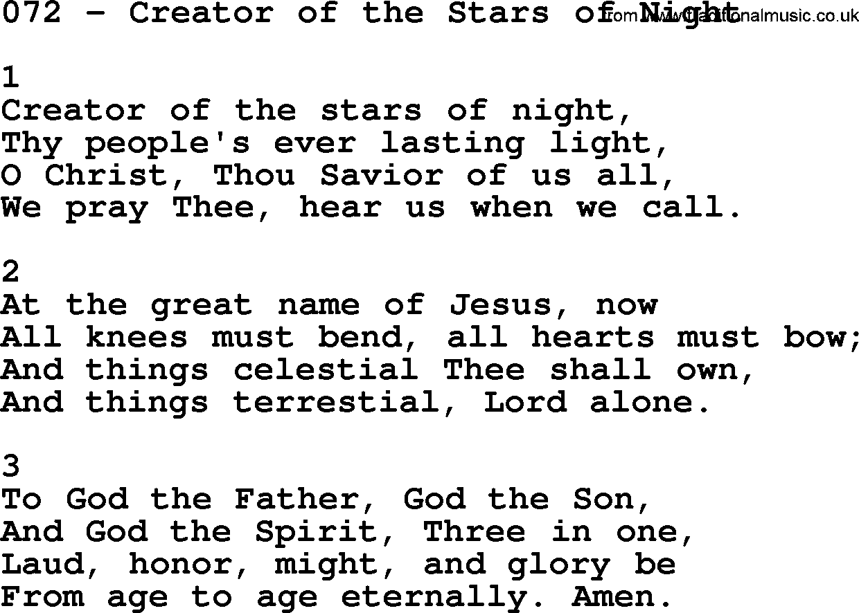 Complete Adventis Hymnal, title: 072-Creator Of The Stars Of Night, with lyrics, midi, mp3, powerpoints(PPT) and PDF,