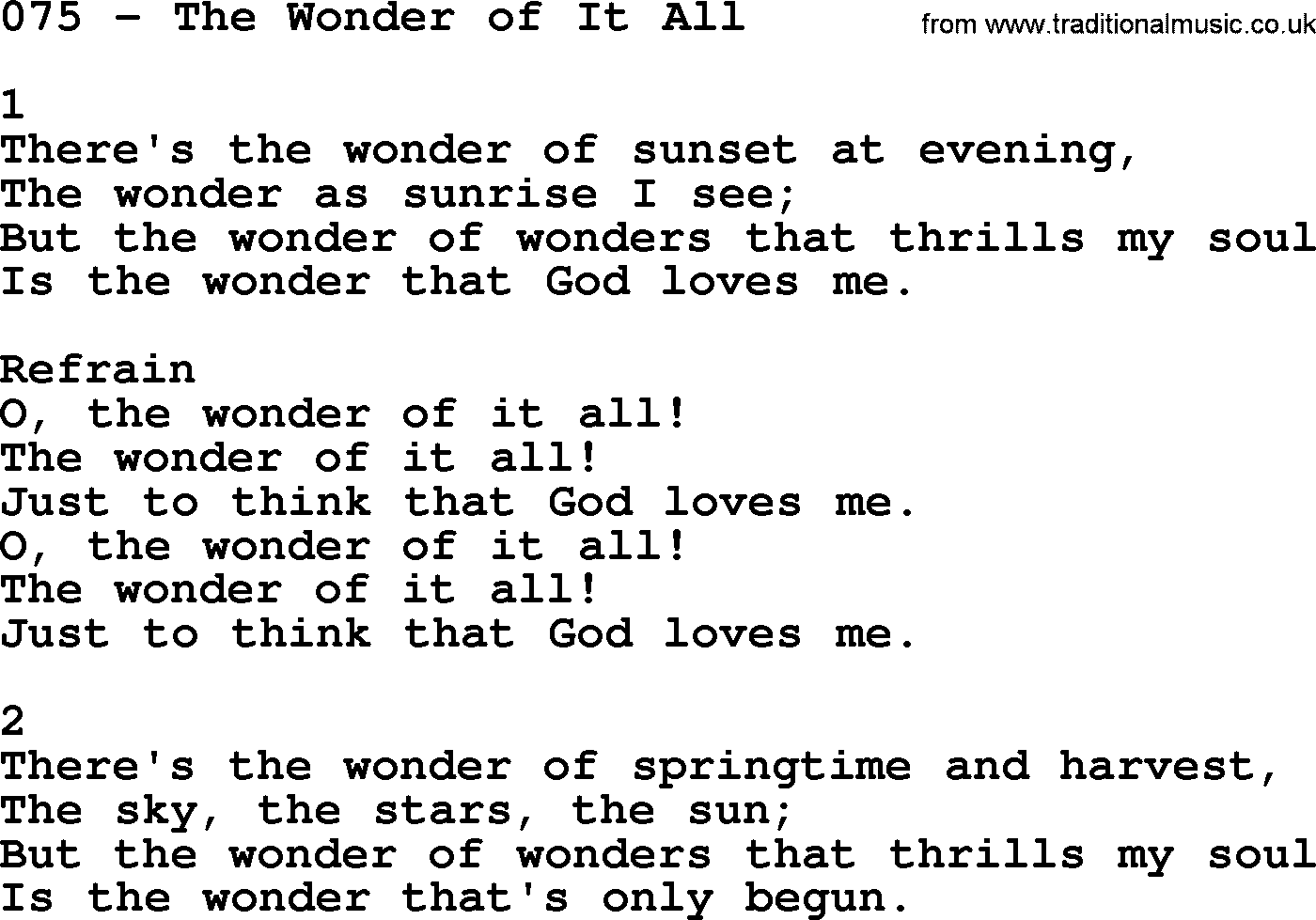 Complete Adventis Hymnal, title: 075-The Wonder Of It All, with lyrics, midi, mp3, powerpoints(PPT) and PDF,