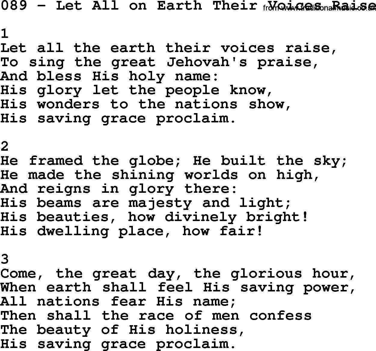 Complete Adventis Hymnal, title: 089-Let All On Earth Their Voices Raise, with lyrics, midi, mp3, powerpoints(PPT) and PDF,