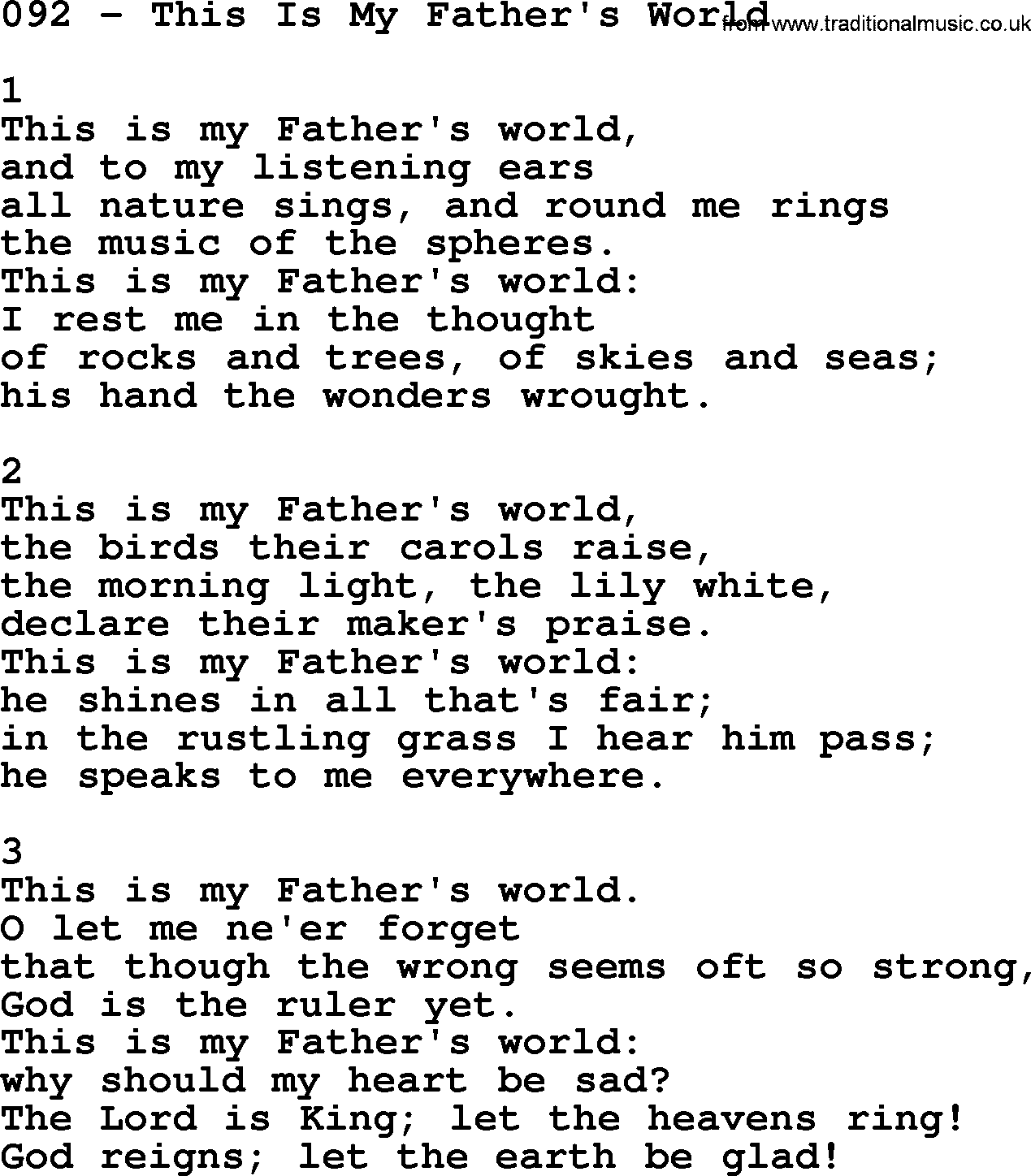 Complete Adventis Hymnal, title: 092-This Is My Father's World, with lyrics, midi, mp3, powerpoints(PPT) and PDF,