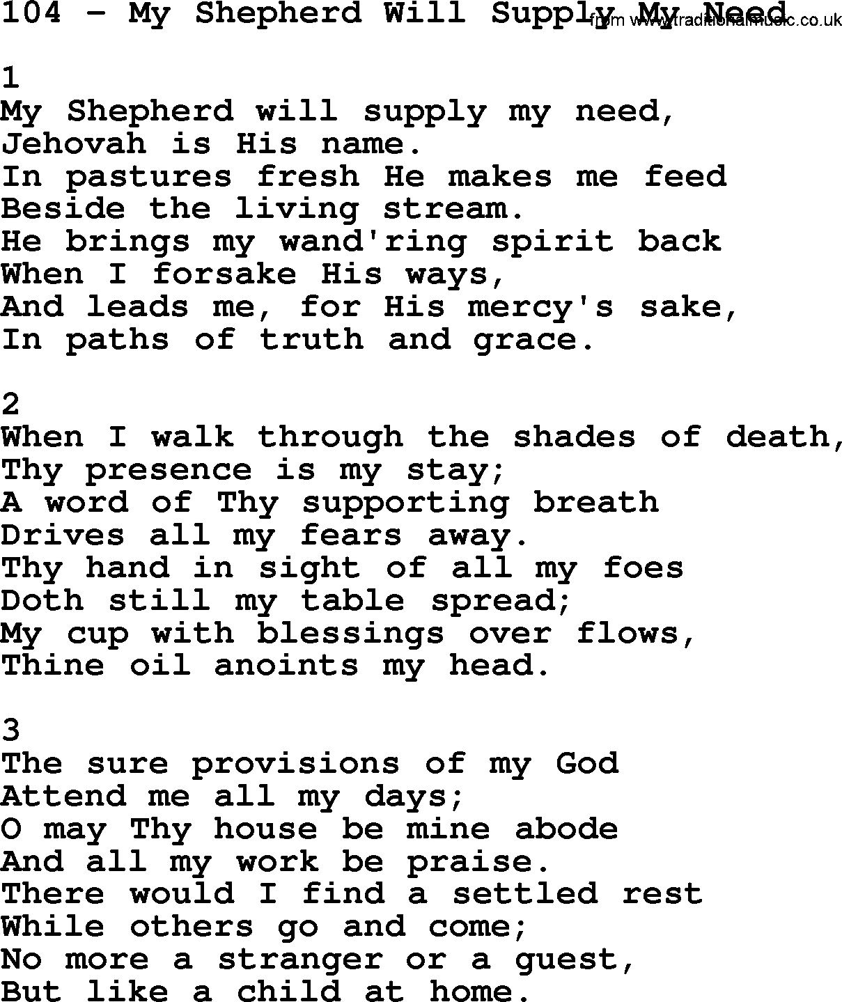 Complete Adventis Hymnal, title: 104-My Shepherd Will Supply My Need, with lyrics, midi, mp3, powerpoints(PPT) and PDF,