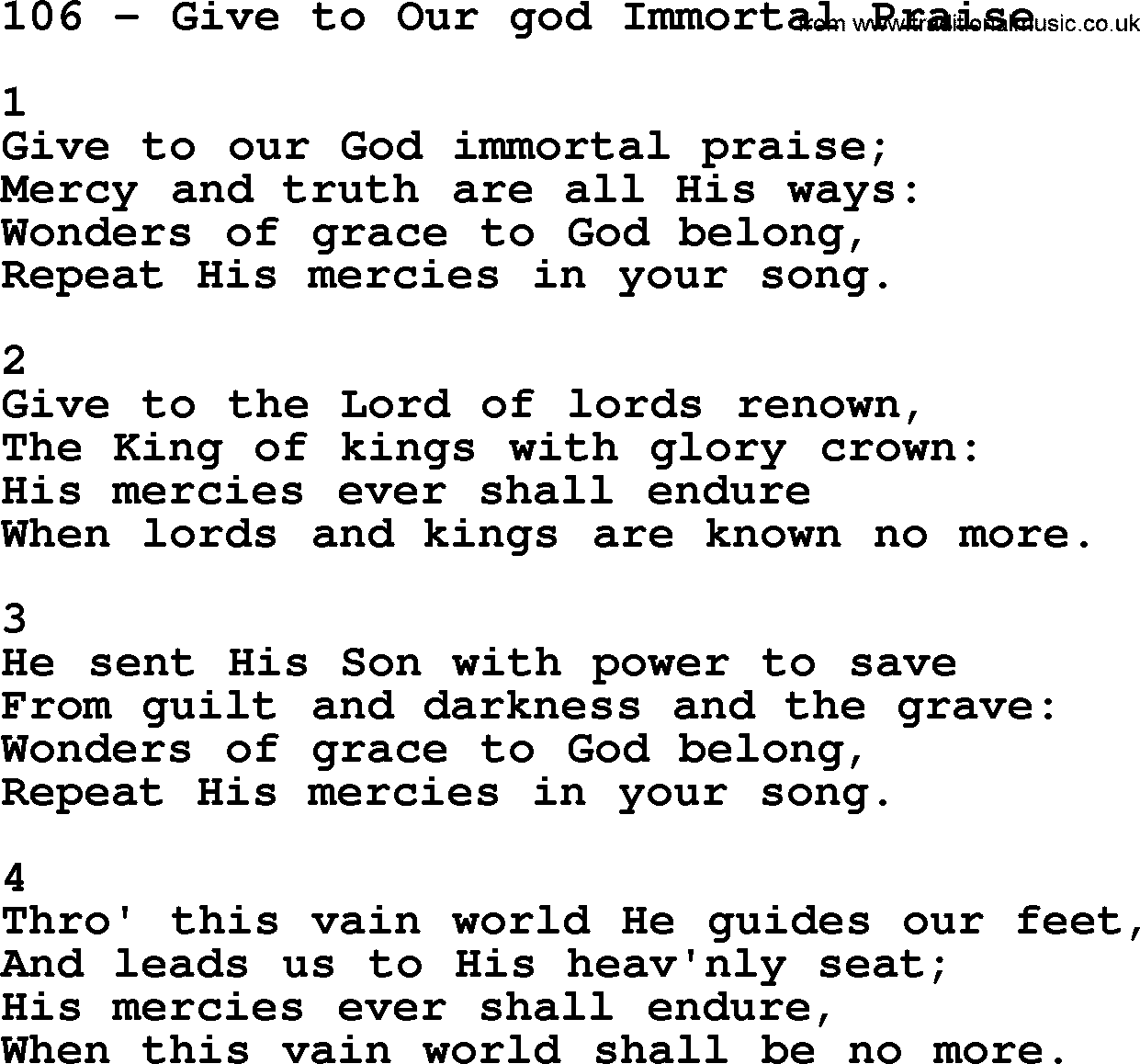 Complete Adventis Hymnal, title: 106-Give To Our God Immortal Praise, with lyrics, midi, mp3, powerpoints(PPT) and PDF,