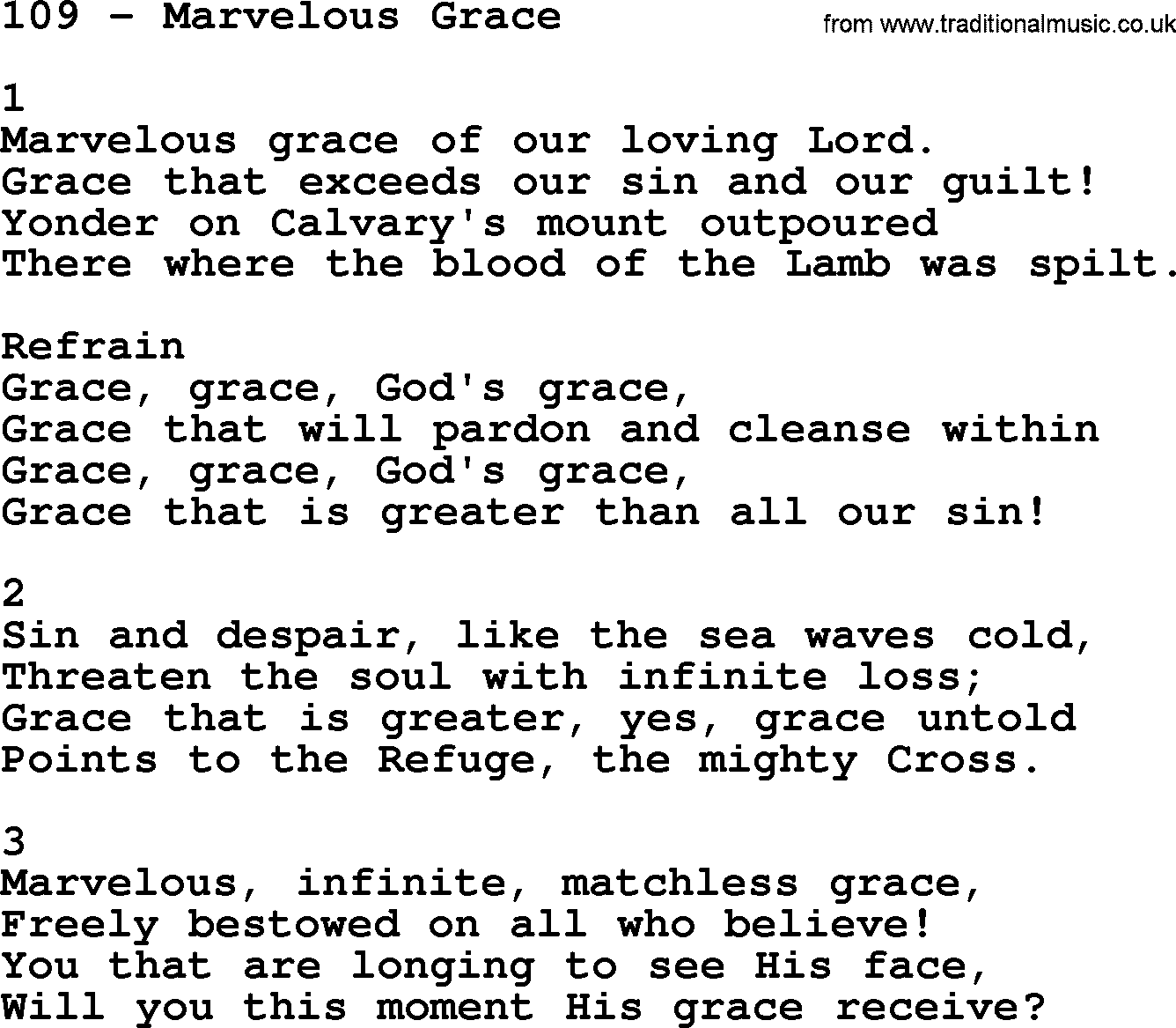 Complete Adventis Hymnal, title: 109-Marvelous Grace, with lyrics, midi, mp3, powerpoints(PPT) and PDF,
