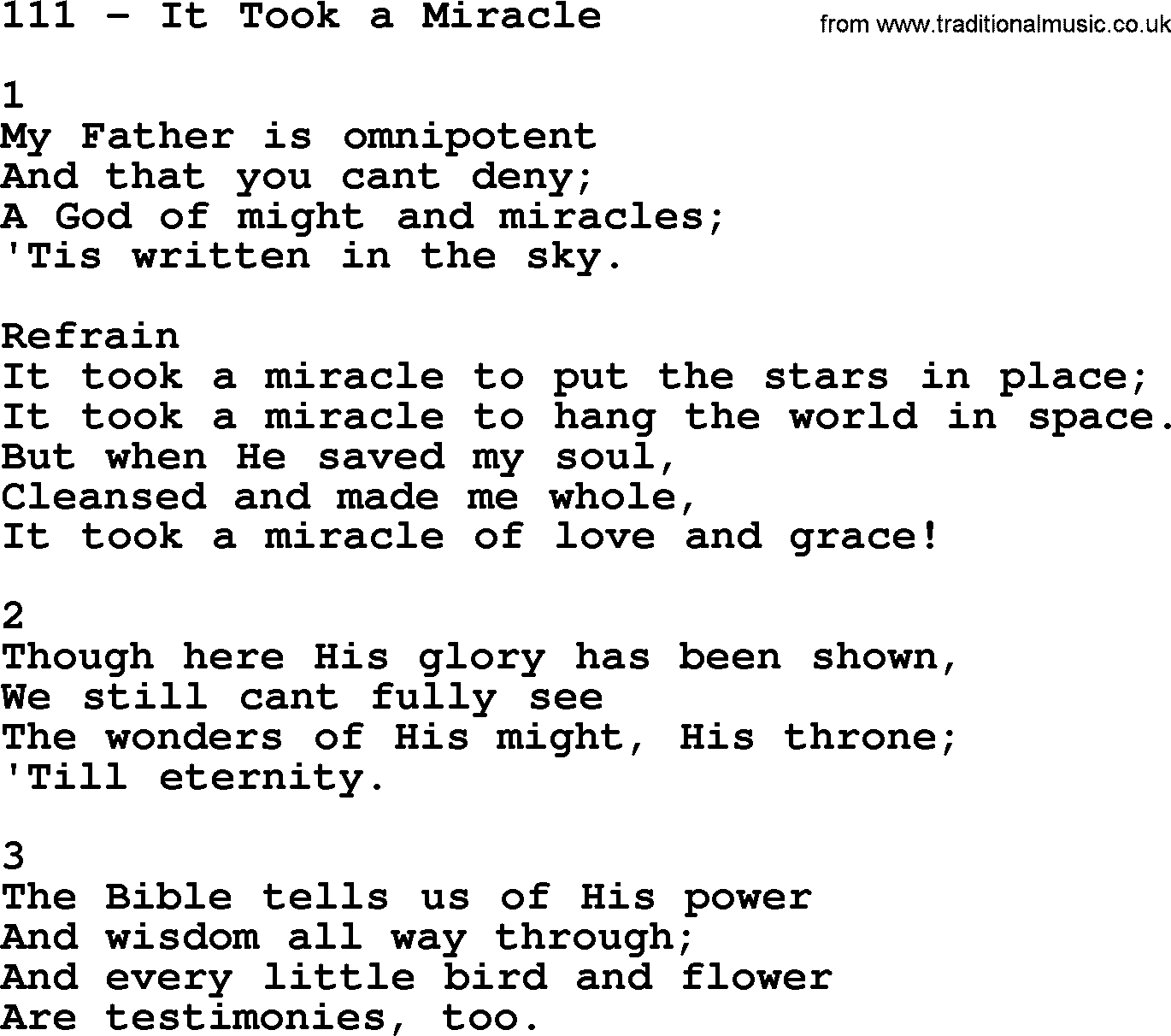 Complete Adventis Hymnal, title: 111-It Took A Miracle, with lyrics, midi, mp3, powerpoints(PPT) and PDF,