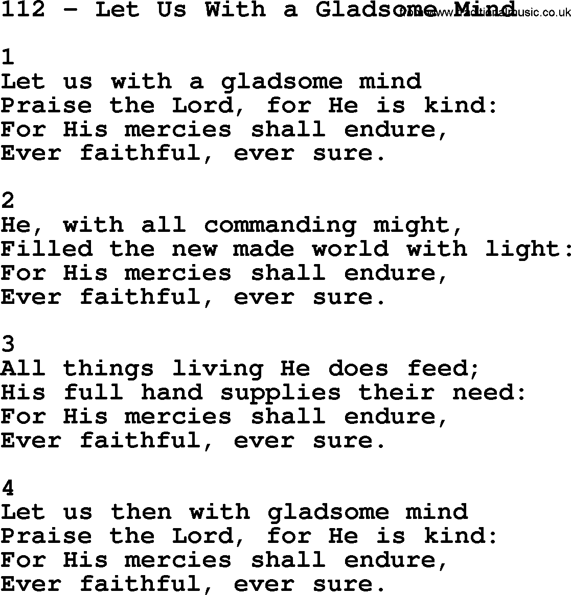 Complete Adventis Hymnal, title: 112-Let Us With A Gladsome Mind, with lyrics, midi, mp3, powerpoints(PPT) and PDF,