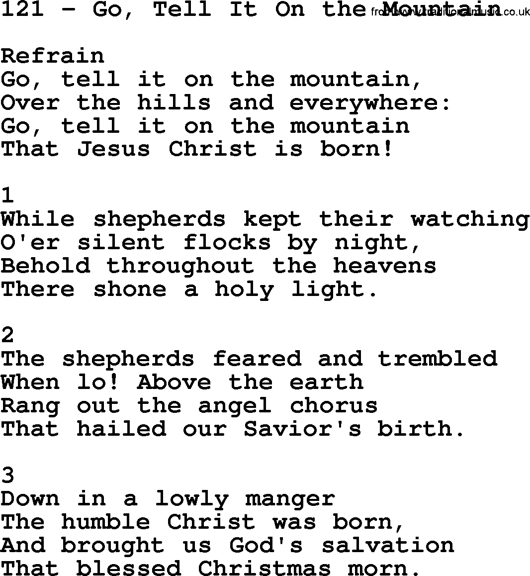 Complete Adventis Hymnal, title: 121-Go, Tell It On The Mountain, with lyrics, midi, mp3, powerpoints(PPT) and PDF,