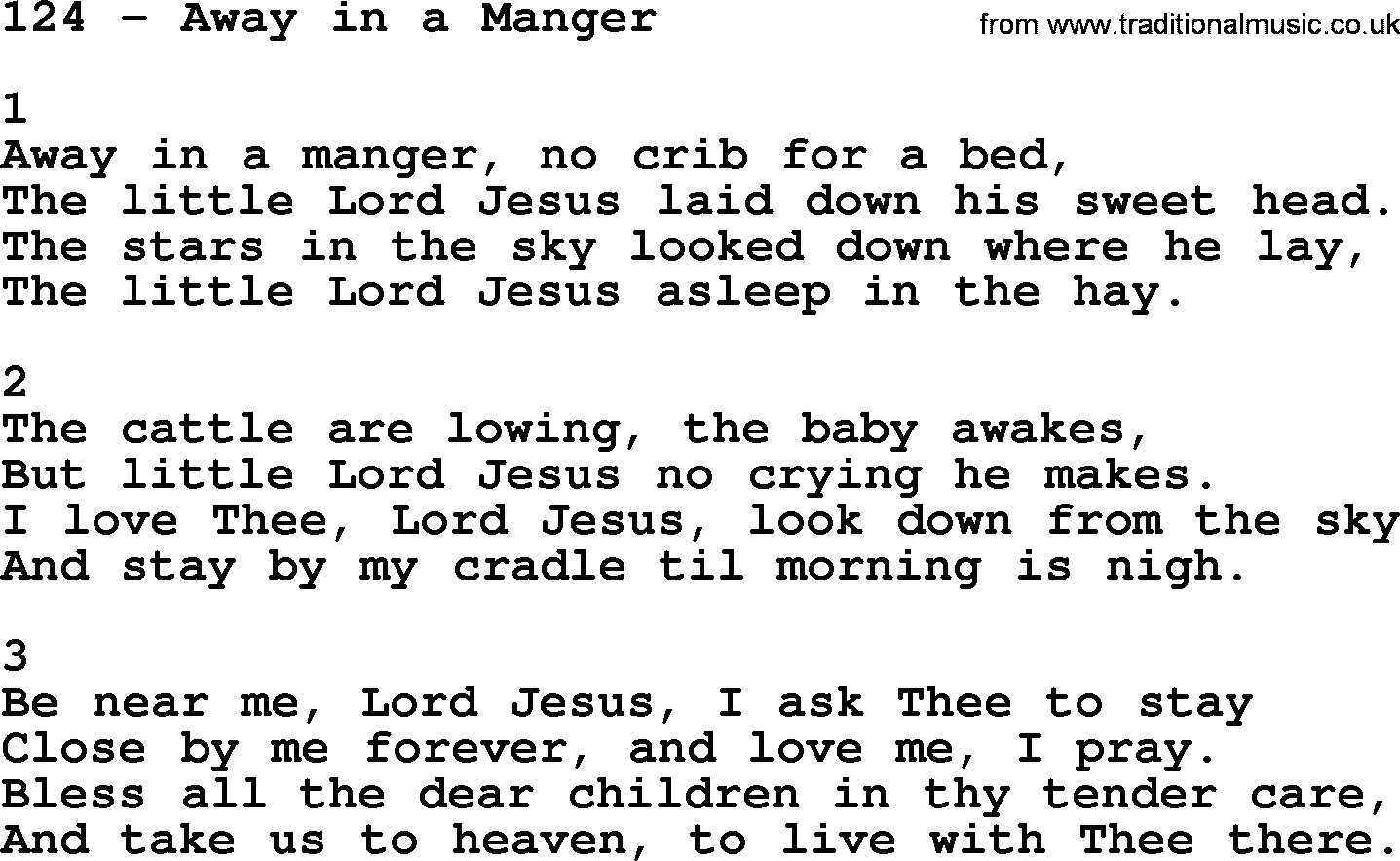 Complete Adventis Hymnal, title: 124-Away In A Manger, with lyrics, midi, mp3, powerpoints(PPT) and PDF,